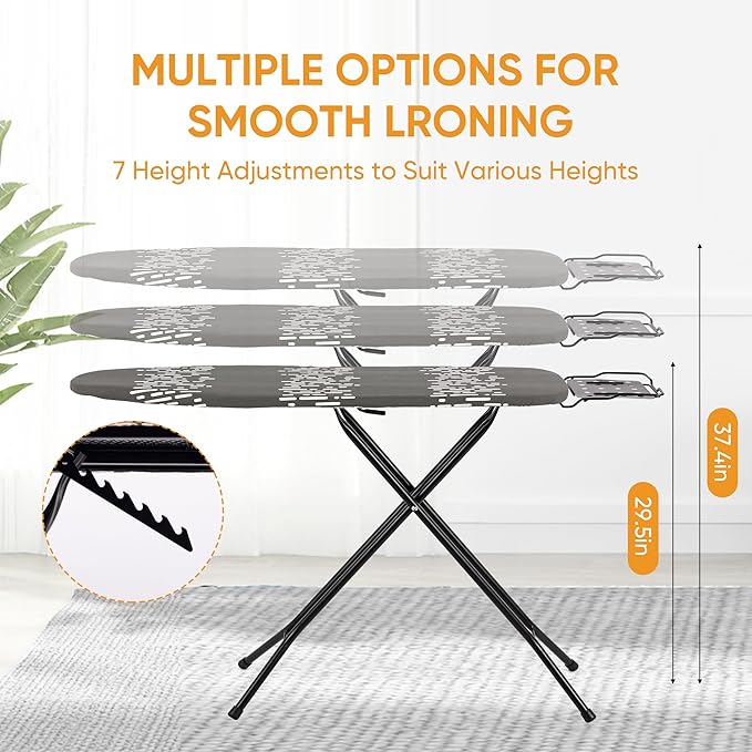Deluxe Ironing Board with Heat Resistant Cover and Thicken Felt Pad, Safety Iron Rest, 4 Premium Steel Legs, Height Adjustable,Foldable-Ruum Studio Home