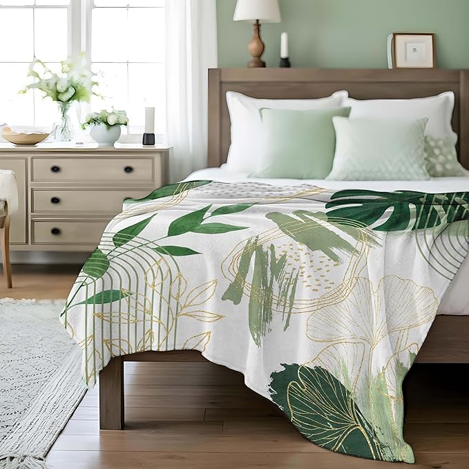 Sage Green Leaf Throw Blanket Mid-Century Green and Gold Boho Flannel Blankets for Couch Bed Living Room Sofa, Decorative Patterned Super Soft Cozy, 50x60 in-Ruum Studio Home