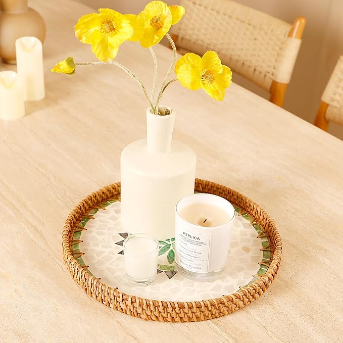 Round Rattan Tray with Mother of Pearl Inlay & Wooden Base - Decorative Wicker Serving Tray for Coffee/Bread/Fruits, Food Storage & Display - Multipurpose Home Decor (M,Bohemia)-Ruum Studio Home