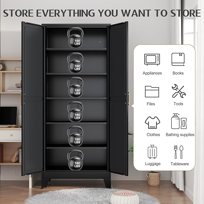 75.2" Tall Storage Cabinet, Pantry Storage Cabinets with 2 Door and 5 Adjustable Shelves, Black Kitchen Food Cabinet, Metal Utility Cabinets for Kitchen, Dinning Room, Laundry Room-Ruum Studio Home