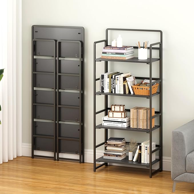 4NM No Assembly Foldable Bookshelf, 4-Shelf Collapsible Bookcase Storage for Small Spaces, 54" H, All Black-Ruum Studio Home