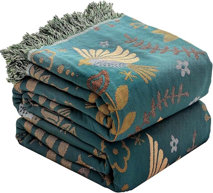 Boho Throw Blanket for Bed Couch 100% Cotton Woven Bed Throws for All Season Lightweight and Soft Cozy Farmhouse Reversible Muslin Decorative Blanket for Travel Picnic, Teal/Cream, 60''x80''-Ruum Studio Home