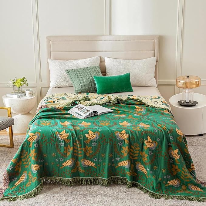 MSGKV Cotton Bed Blanket for Couch and Sofa Blankets for Living Room Bedroom Floral and Birds Throw 80"x90" Breathable Cozy Boho Blankets-Ruum Studio Home