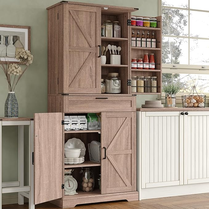 72'' Kitchen Storage Pantry Cabinet, Tall Storage Cabinet with 8 Door Shelves, 2 Cabinets and 1 Drawer, Freestanding Cupboard for Kitchen, Dining Room, Bathroom, Laundry, Living Room, Espresso-Ruum Studio Home