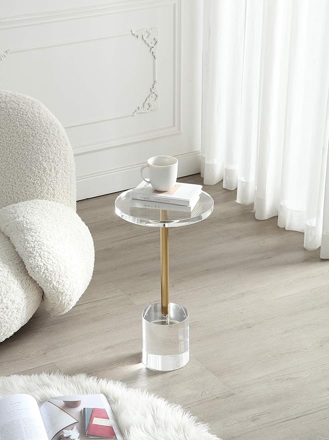 Clear Acrylic End Table,Side Table,Brushed Brass Metal,Round,for Office, Living Room and Bedroom,Easy Assembly,12x12 inch，21.3 inch high-Ruum Studio Home