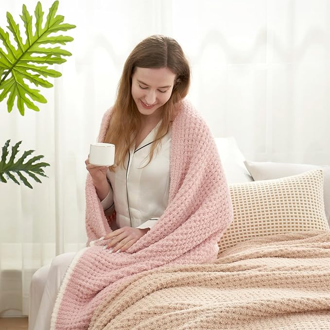 Snuggle Sac Pink Waffle Bedding Blankets Queen Size 90x90 inches, Reversible Microfiber Fluffy Fuzzy Soft Throw Cozy Knit Blanket for Women Mothers Birthday Gifts-Ruum Studio Home