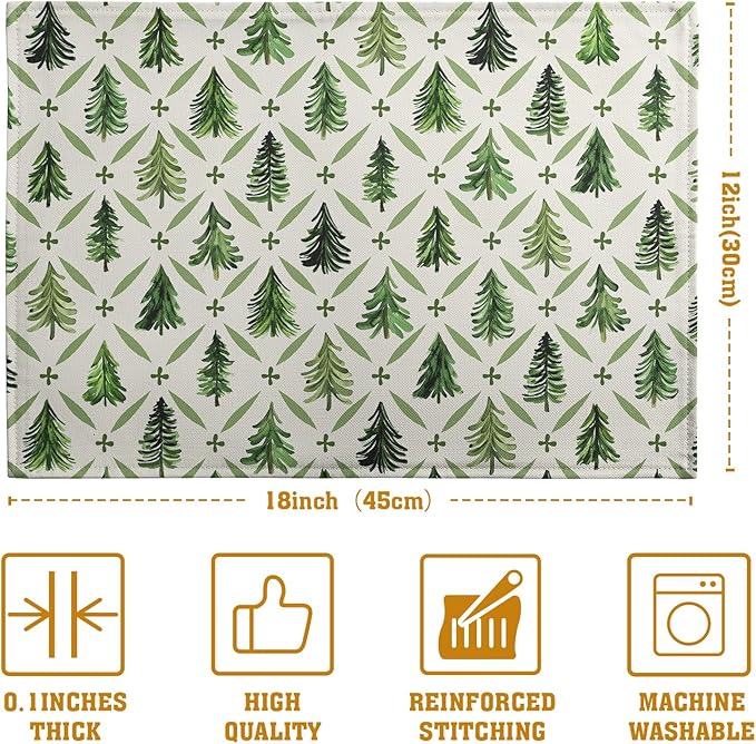 Sage Green Pine Tree Christmas Placemats Set of 4 Xmas Farmhouse Rustic Style Print Place Mat Seasonal Winter Holiday Linen Table Mats for Indoor Outdoor Kitchen Dining Party Decor-Ruum Studio Home