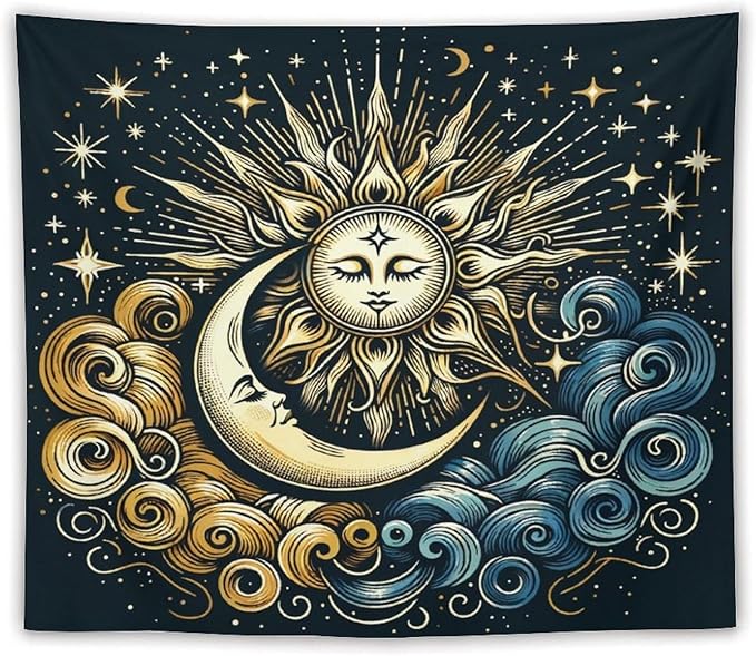 HZOHNAGO Sun Moon Tapestry Boho Golden Stars Pattern Printed Wall Tapestry Wall Hanging for Bedroom Living Room Dorm 60" W x 50" H-Ruum Studio Home