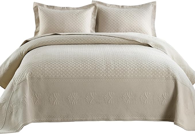 MarCielo 3-Piece 100% Cotton Oversized Bedspread Lightweight Quilt Coverlet Embroidery Farmhouse Bedding Set (TM Khaki Beige, Oversized King (118"x106"))-Ruum Studio Home