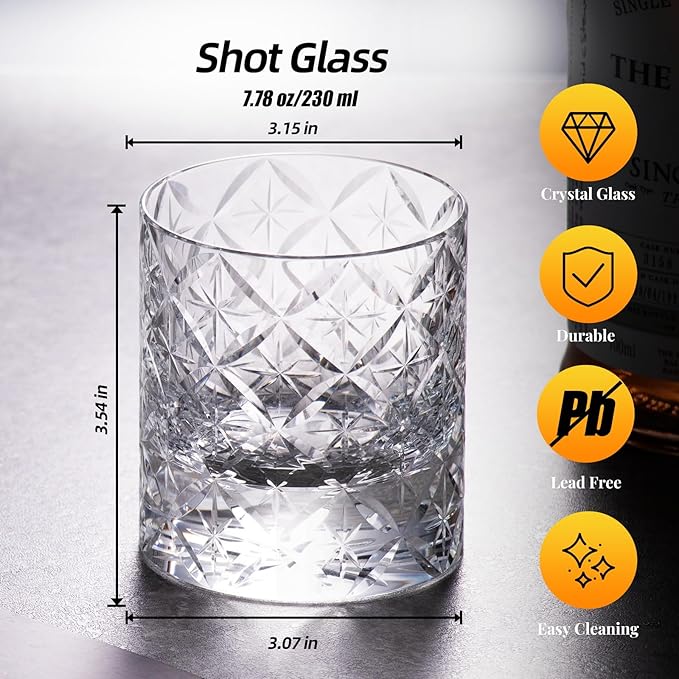 KAMMAK Crystal Whiskey Glasses Set of 2, Hand Blown 7.78oz Old Fashioned Glasses Stemless, Luxury Handcrafted Cocktail Glasses, Scotch Cup for Women, Men Gift for Rocks, Bourbon Barware, Bar-Ruum Studio Home