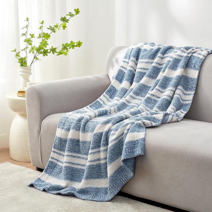 Snuggle Sac Knitted Throw Blanket for Couch, Reversible Super Soft Microfiber Blankets Warm Cozy Knit Fuzzy Plush Lightweight Throws for Sofa, Bed, Camping, Picnic, Stripe Blue, 50 x 60 inches-Ruum Studio Home