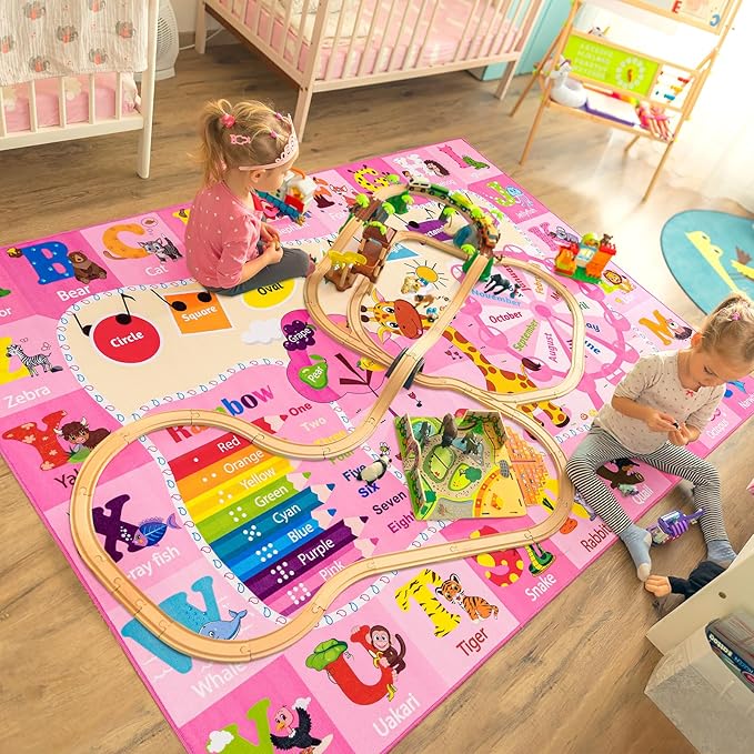 Kids Rugs for Playroom Bedroom Classroom Nursery, Non-Slip and Washable Rugs for Children Toddlers Girls, Educational and Fun Rug Carpets with ABC Alphabet Animals Shapes, 5x7, Pink-Ruum Studio Home