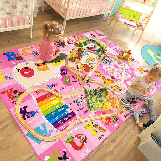 Kids Rugs for Playroom Bedroom Classroom Nursery, Non-Slip and Washable Rugs for Children Toddlers Girls, Educational and Fun Rug Carpets with ABC Alphabet Animals Shapes, 3x5, Pink-Ruum Studio Home