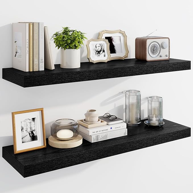Marsmiles 36" Floating Shelves for Wall, Wooden Shelves with Invisible Brackets Set of 2, Rustic Farmhouse Wall Mounted Shelf for Kitchen Bathroom Living Room Study, Black-Ruum Studio Home