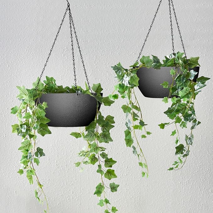 WOUSIWER 13 inch 2Pack Large Hanging Planters for Outdoor Indoor Plants with Drainage Holes and Chain, Round Hanging Flower Pots for Garden Home Porch Decor, Black-Ruum Studio Home