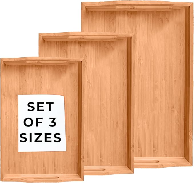 Prosumers Choice Wooden Tray - Light Brown Serving Trays with Handles - Nesting Design for Space Saving - Wooden Serving Tray for Food, Drinks, Snacks - Set of 3-Ruum Studio Home