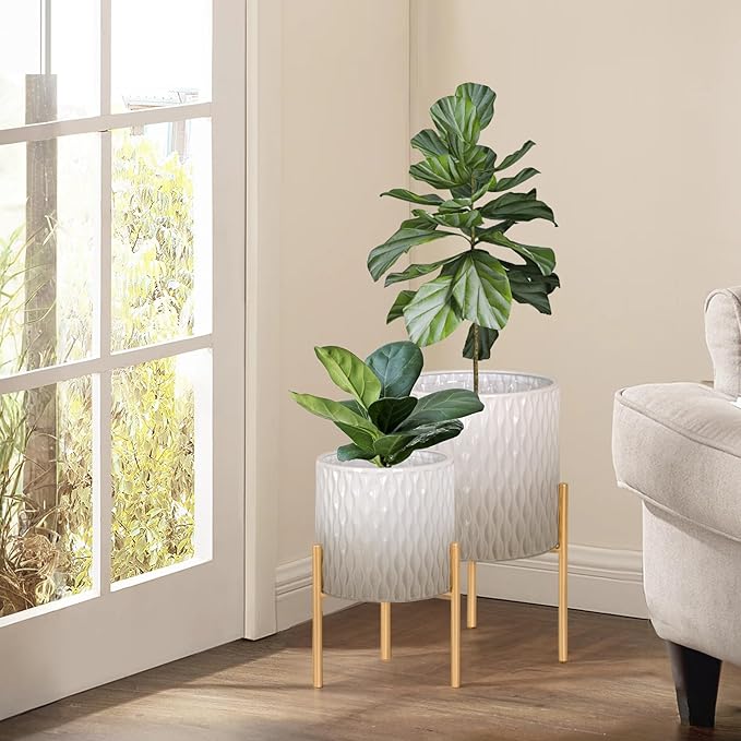 ARNIS Plants Pots with Stand, Set of 2 Indoor Planter Pots, Unique Mid Century Decorative Metal Flower Pots with Drainage,8.25 & 10.5 Inch, Grey and White-Ruum Studio Home