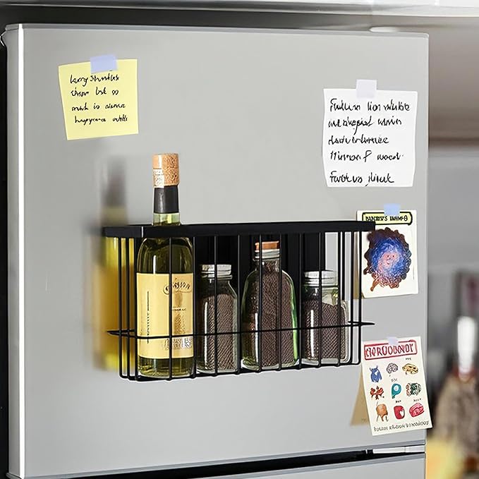 Magnetic Basket for Fridge, Magnetic Basket, Foil and Plastic Wrap Organizer with 4 Caddy Adhesive Stickers, Cabinet Storage Basket for Kitchen Wrap Food Bag Storage, Black, 2 Pack-Ruum Studio Home