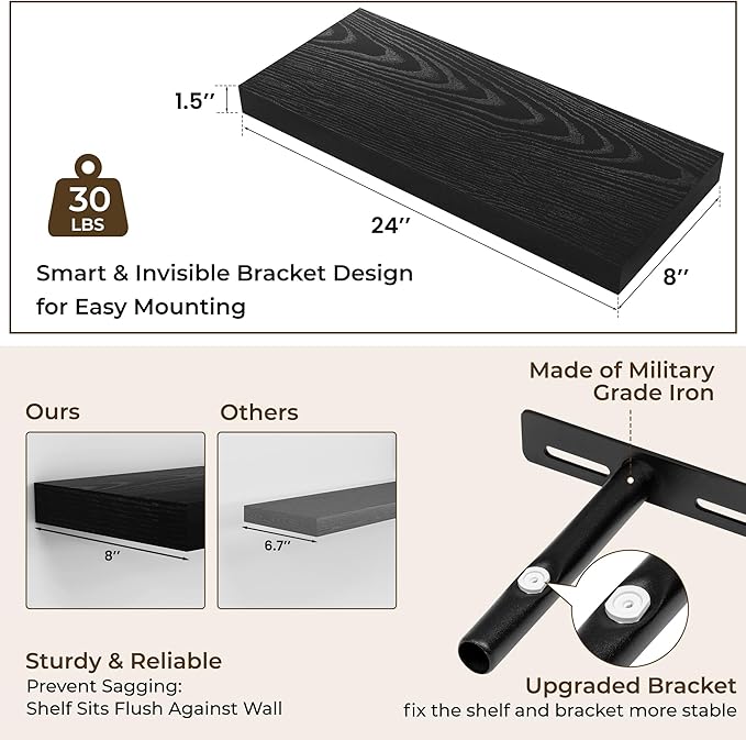 RICHFOCUS 24Inch Floating Shelves for Wall 2 Pack Shelves for Bedroom|Kitchen|Bathroom Wall Mounted Rustic Wood Floating Shelf with Invisible Brackets for Books|Storage|Decor, Black-Ruum Studio Home