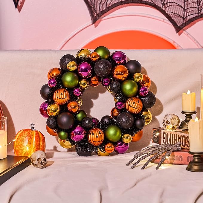 JORNOY 13inch Small Halloween Ball Wreath with Ghost&Pumpkin Accents - Seasonal Orange/Black Wall Hanging, Front Door, Mantel, Porch Decor for Home-Ruum Studio Home