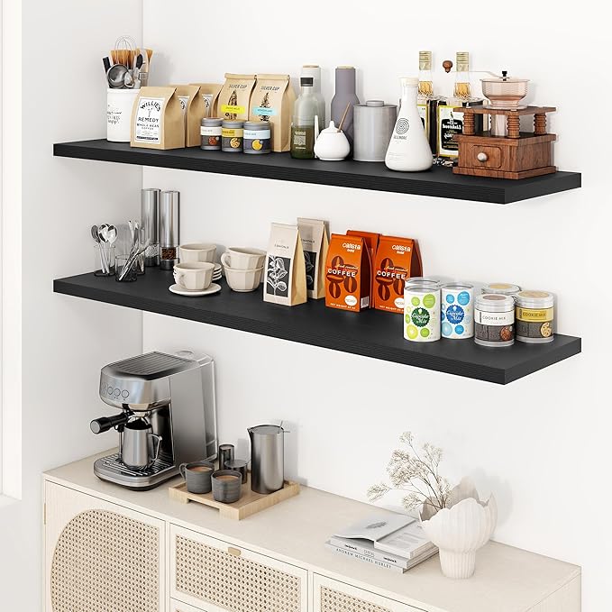 55" Floating Shelves for Wall, 12" Deep Slim Black Floating Shelves, Wall-Mounted Shelves for Bedroom, Living Room, Kitchen, Bathroom - Set of 2-Ruum Studio Home
