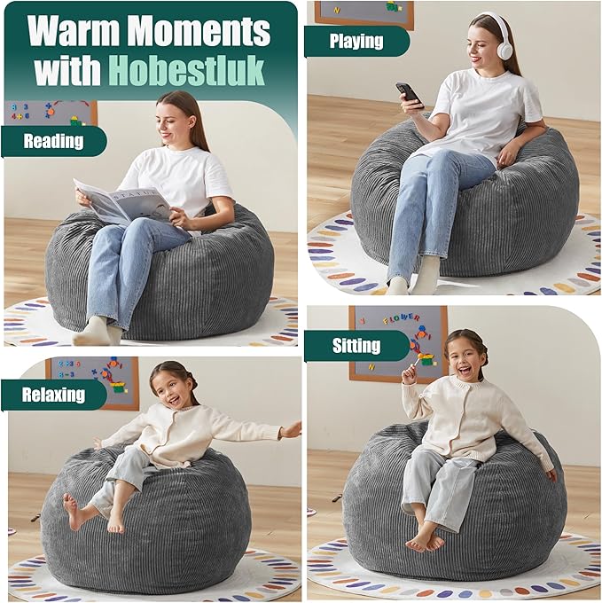 Hobestluk 3.5FT Bean Bag Chair Large Bean Bag with Filler Included Bean Bag Chairs for Adults Teardrop Bean Bag Chair with Removable Cover for Bedroom Living Room - (Large, Grey)-Ruum Studio Home