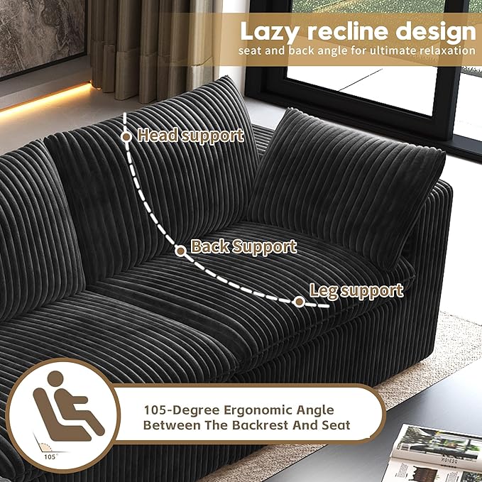 118" 3-Seater Cloud Sofa,Modular Sectional Couch,Modern Deep Seat Upholstered Couches with Plush Corduroy Fabric for Living Room Furniture,Bedroom and Apartment,No Assembly Required,Black-Ruum Studio Home