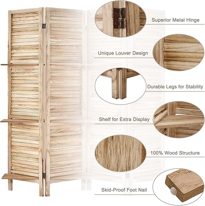 Room Divider with Shelves, Privacy Screen, Room Dividers and Folding Privacy Screens, 5 Panel Wood Temporary Wall Partition Separation Separator, Natural-Ruum Studio Home