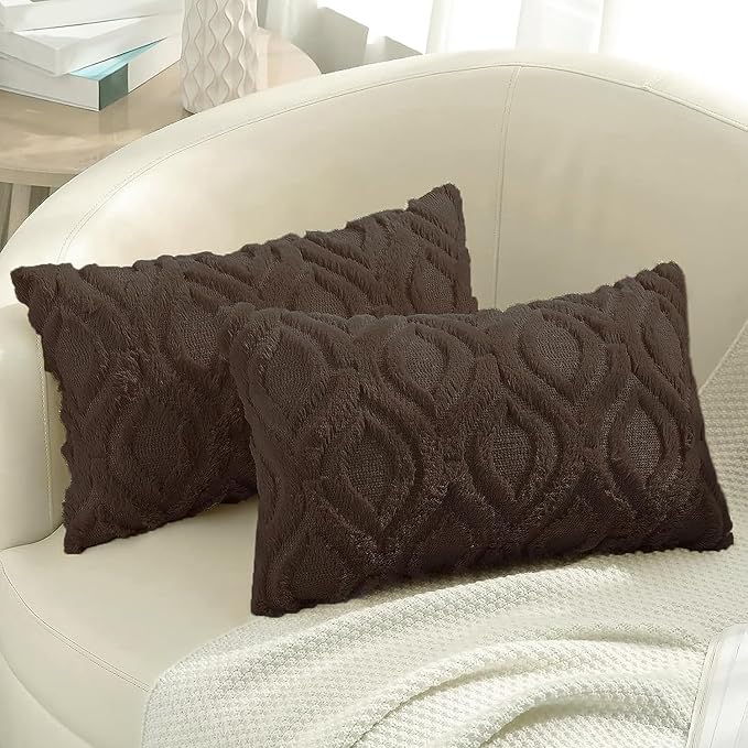 decorUhome Throw Pillow Covers 12x20 Inch Set of 2, Soft Plush Decorative Faux Fur Dark Brown Solid Couch Pillow Covers, Accent Farmhouse Neutral Lumbar Euro Pillow Cases for Sofa Bed Living Room-Ruum Studio Home