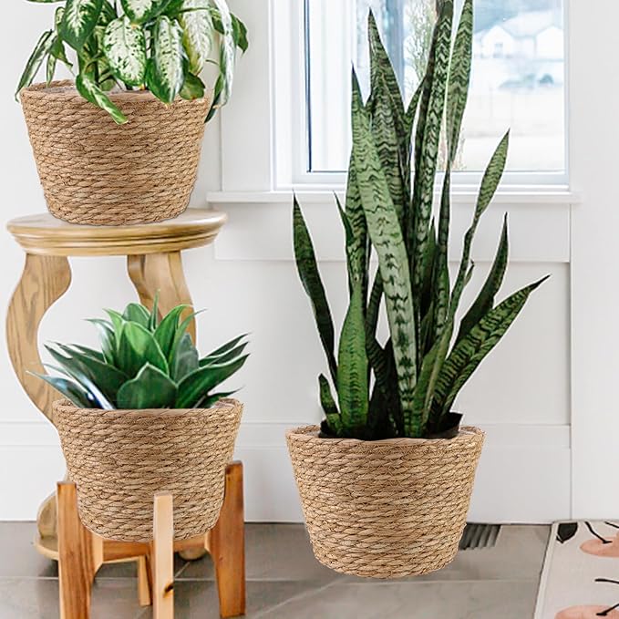 4 Pcs Large Premium Seagrass Planter Basket with Plastic Lining Natural Stylish Planter Baskets Indoor Outdoor Plants Woven Wicker Baskets for Plants Flower Pots Cover and Room Decor(10.2x7.5x7.5")-Ruum Studio Home
