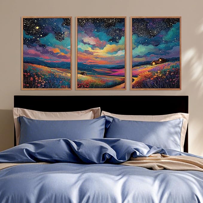 KAIRNE Framed Abstract Midnight Canvas Wall Art,Starry Night Prints Set of 3(16”X24”),Colorful Wildflowers Wall Decor,Nature Night Scene Paintings for Living Room Bedroom office Farmhouse Decoration-Ruum Studio Home