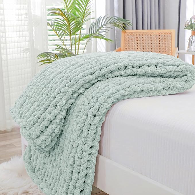 Bigacogo Chunky Knit Throw Blanket for Couch, 40x40 inches, 100% Hand Knitted with Thick Jumbo Chenille Yarn, Cozy Soft Large Rope Knot Cable Crochet Blankets for Sofa Bed Living Room, Mint-Ruum Studio Home