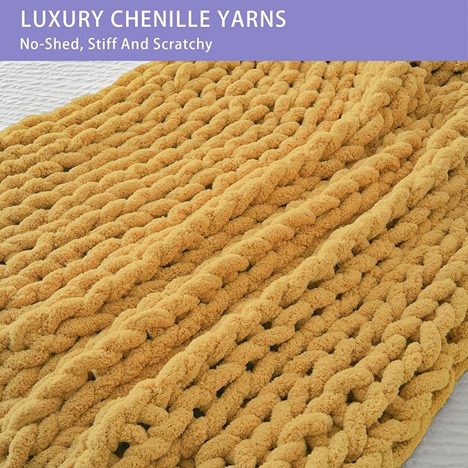 Bigacogo Chunky Knit Throw Blanket for Couch, 40x40 inches, 100% Hand Knitted with Thick Jumbo Chenille Yarn, Cozy Soft Large Rope Knot Cable Crochet Blankets for Sofa Bed Living Room, Mustard Yellow-Ruum Studio Home