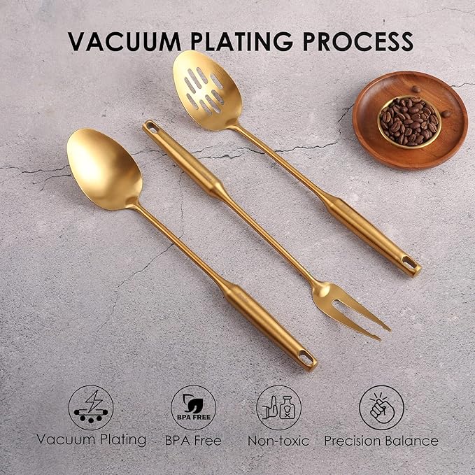 Gold Kitchen Utensils Set - 18/10 Stainless Steel Cooking Tools, 15" All Metal Serving Utensils with Fork, Solid/Slotted Spoon, Spatula, Ladle, Skimmer, Tunner, Pasta Spoon, Large Spoon, Set of 9-Ruum Studio Home