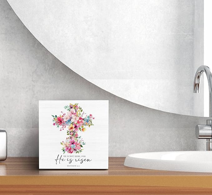 SRADMO He Is Risen Sign, Floral Cross Easter Christian Wood Box Sign Desk Decor, Christian Easter Decorations, Easter Theme Wooden Block Box Decoration for Home Office Shelf Table Decor-Ruum Studio Home