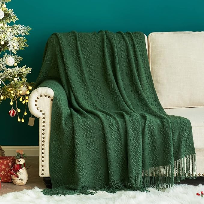 MIULEE Dark Green Knitted Throw Blanket for Couch Boho Textured Cozy Woven Blanket with Tassels for Sofa Chair Bed Living Room Acrylic Wave Pattern 50"x60"-Ruum Studio Home