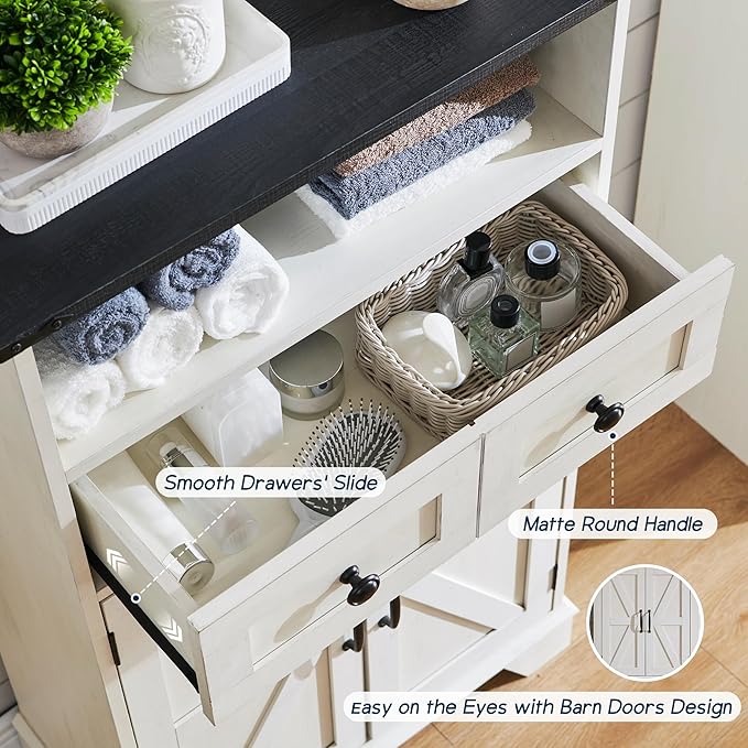 Bathroom Floor Cabinet, Farmhouse Storage Cabinet, 24" Wide Cabinet with Drawer, Adjustable Shelf, Barn Doors, Cabinets for Bathroom, Kitchen, Living Room, Off White-Ruum Studio Home