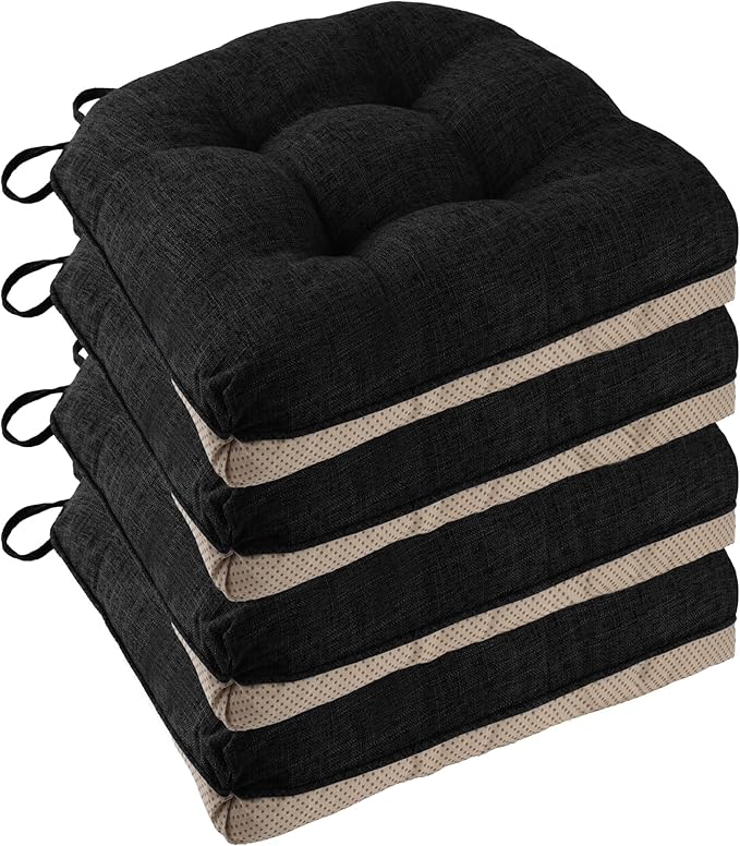 Non Slip Chair Cushions for Dining Chairs Set of 4 Kitchen Chair Cushions 18"x18"x3" Turfted Chair Pads Comfortable and Soft Seat Cushion with Ties, Black-Ruum Studio Home