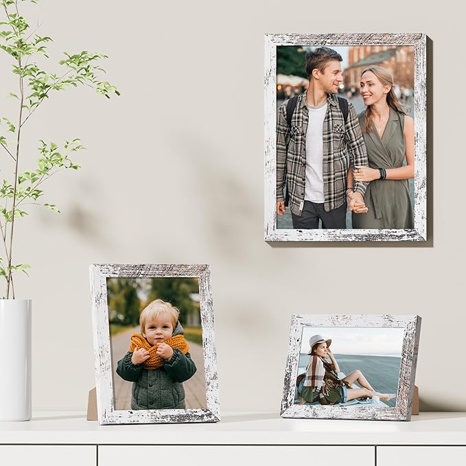 Vittanly 9x12 Picture Frames Set of 9, Shatter Resistant Plexiglass, Display 6x8 Pictures with Mat or 9x12 without Mat, Photo Frames for Wall or Tabletop, Engineered Wood, Distressed White-Ruum Studio Home