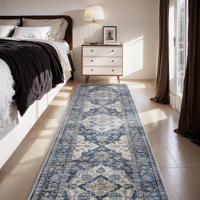 AMOAMI-2X10 Runner Rug-Washable Runners for Hallways-Soft Non Slip Bedside Rugs for Bedroom-Vintage Long Rug for Hallways Entryway Laundry Room Stair Kitchen Bathroom Blue-Ruum Studio Home