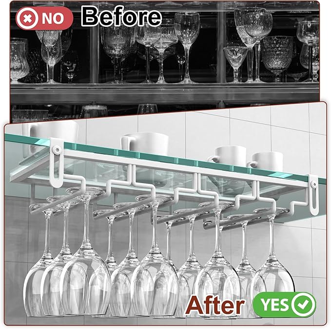 AUHOKY 2Pcs Adjustable Wine Glass Rack Under Cabinet, Punch-Free 4 Rows Stemware Wine Glass Metal Holder, Hanging Wine Glasses Storage Hanger Organizer for Shelf Kitchen Bar Decor(White, 4 Rows)-Ruum Studio Home