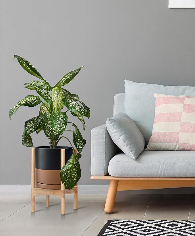 D'vine Dev Ceramic Planter with Natural Stand - 10 Inch Modern Round Flower Pot with Wood Planter Holder, Black/Speckled Tan, 55-B-K-7-Ruum Studio Home