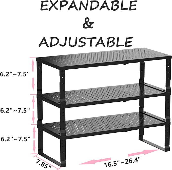 Metal Stackable Expandable Storage Shelf - Multi-Functional Home Storage Shelf, Suitable for Kitchen, Cabinet，Bathroom, Office, Garage, etc.（3PACKS/Black/Medium-Ruum Studio Home