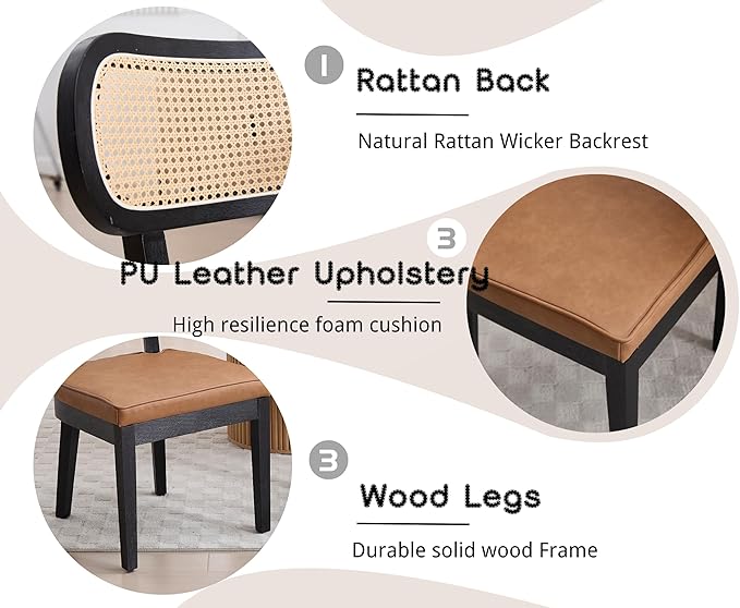 EALSON Mid Century Modern Rattan Dining Chairs Set of 4 Farmhouse Black Wood Kitchen Chairs with Cane Back Leather Upholstered Accent Armless Chairs for Dining/Living Room Restaurant, Brown-Ruum Studio Home