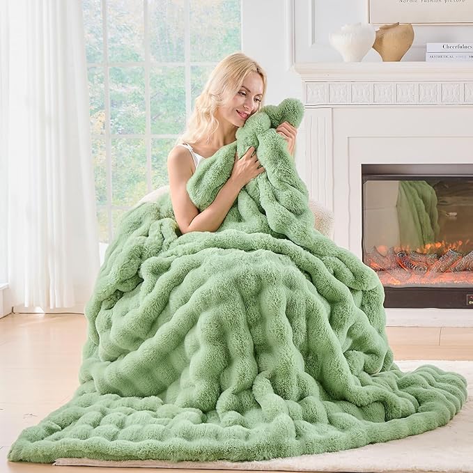 BENVWE Fluffy Faux Fur Throw Blanket for Couch, Soft Plush Thick Cozy Fuzzy Luxury Minky Bubble Blanket for Home Living Room Decor Gift for Women, Sage Green, 63" x 80", 1100GSM-Ruum Studio Home