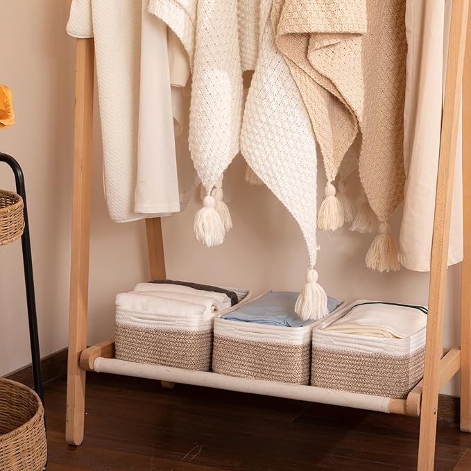 3 Pack Small Storage Baskets for Organizing, Cute Woven Decorative Gift Baskets for Shelves, Mini Closet Organizer Bins with Handles-13''Lx8.66''Wx5.11''H-Brown and White-Ruum Studio Home