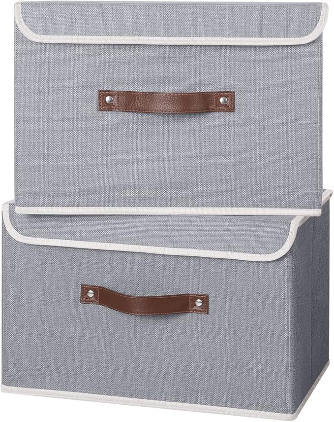 ANMINY 4PCS Storage Bins with Lid PU Leather Handles Storage Boxes PP Plastic Board Decorative Foldable Lidded Cotton Linen Fabric Home Cubes Baskets Closet Organizer Containers - Gray, Large Size-Ruum Studio Home