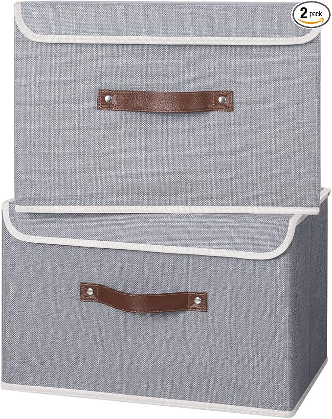 ANMINY 2PCS Storage Bins with Lid PU Leather Handles Storage Boxes PP Plastic Board Decorative Foldable Lidded Cotton Linen Fabric Home Cubes Baskets Closet Organizer Containers - Gray, Large Size-Ruum Studio Home