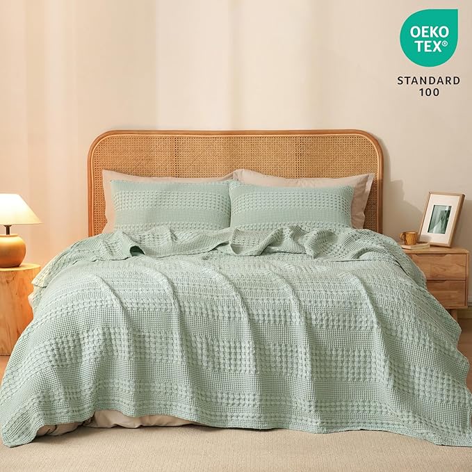 PHF 100% Cotton Waffle Weave Blanket Twin Size, Soft Lightweight Breathable Cozy Summer Blankets for Bed, Luxury Aesthetic Woven Bedding for Home Decor, 66"x90", Sage Green-Ruum Studio Home