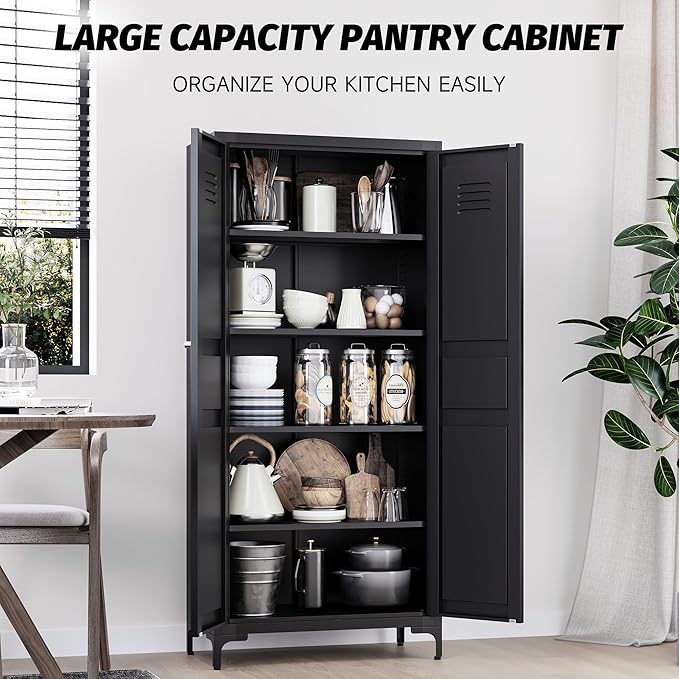 Metal Storage Cabinet with Doors and Shelves,Black Storage Cabinet with Leg,Metal Pantry Cabinets,Ventilated Pantry Closet,Tall Large Cupboard for Home,Kitchen,Dining/Living/Laundry Room-Ruum Studio Home